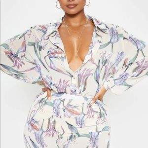 Plus Dusty Pink Satin Floral Oversized Shirt